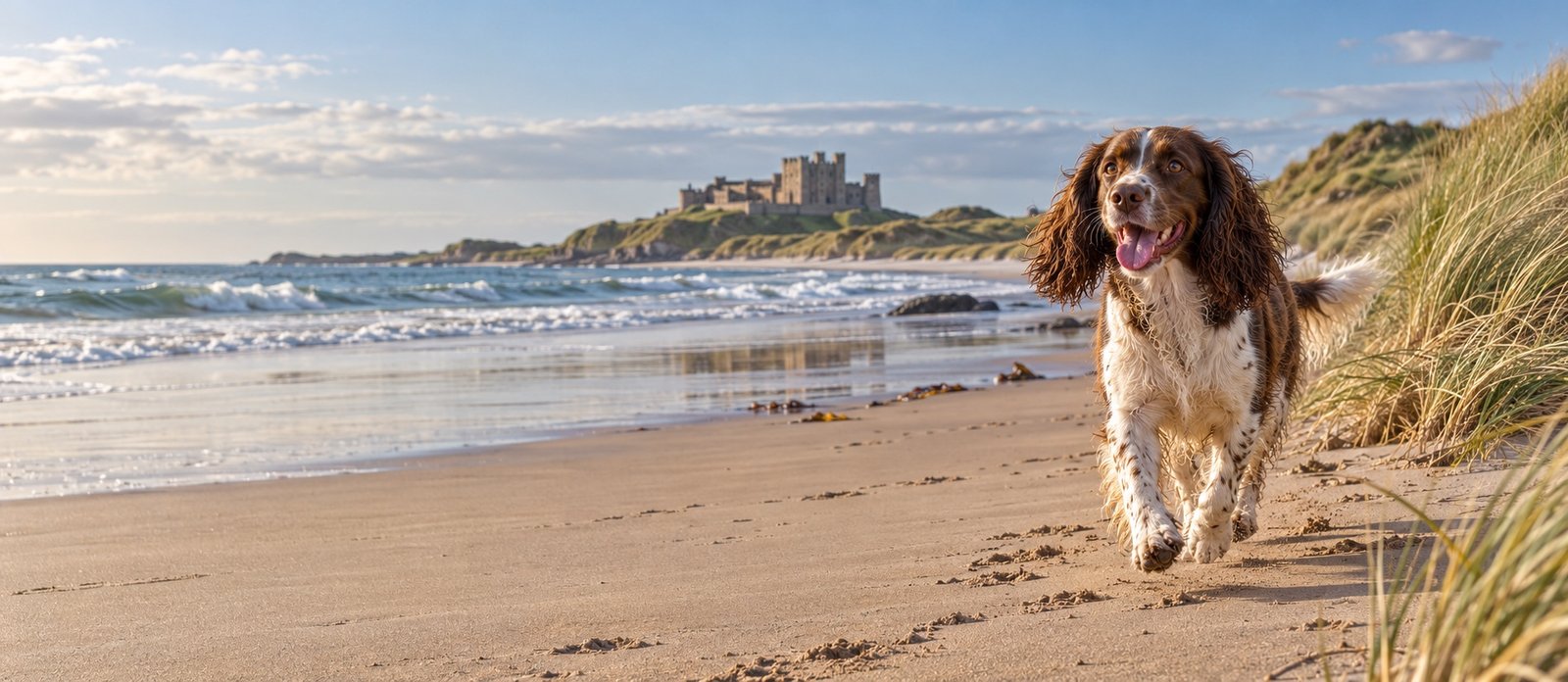 Spaniel running on a Northumberland beach with Bamburgh Castle beyond