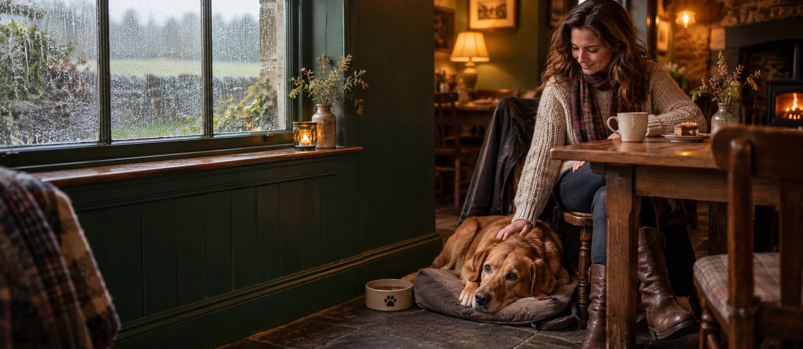 Dog resting with its owner inside a cosy dog-friendly pub on a rainy day