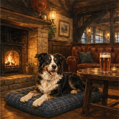 Illustrated dog relaxing beside a fire in a welcoming pub